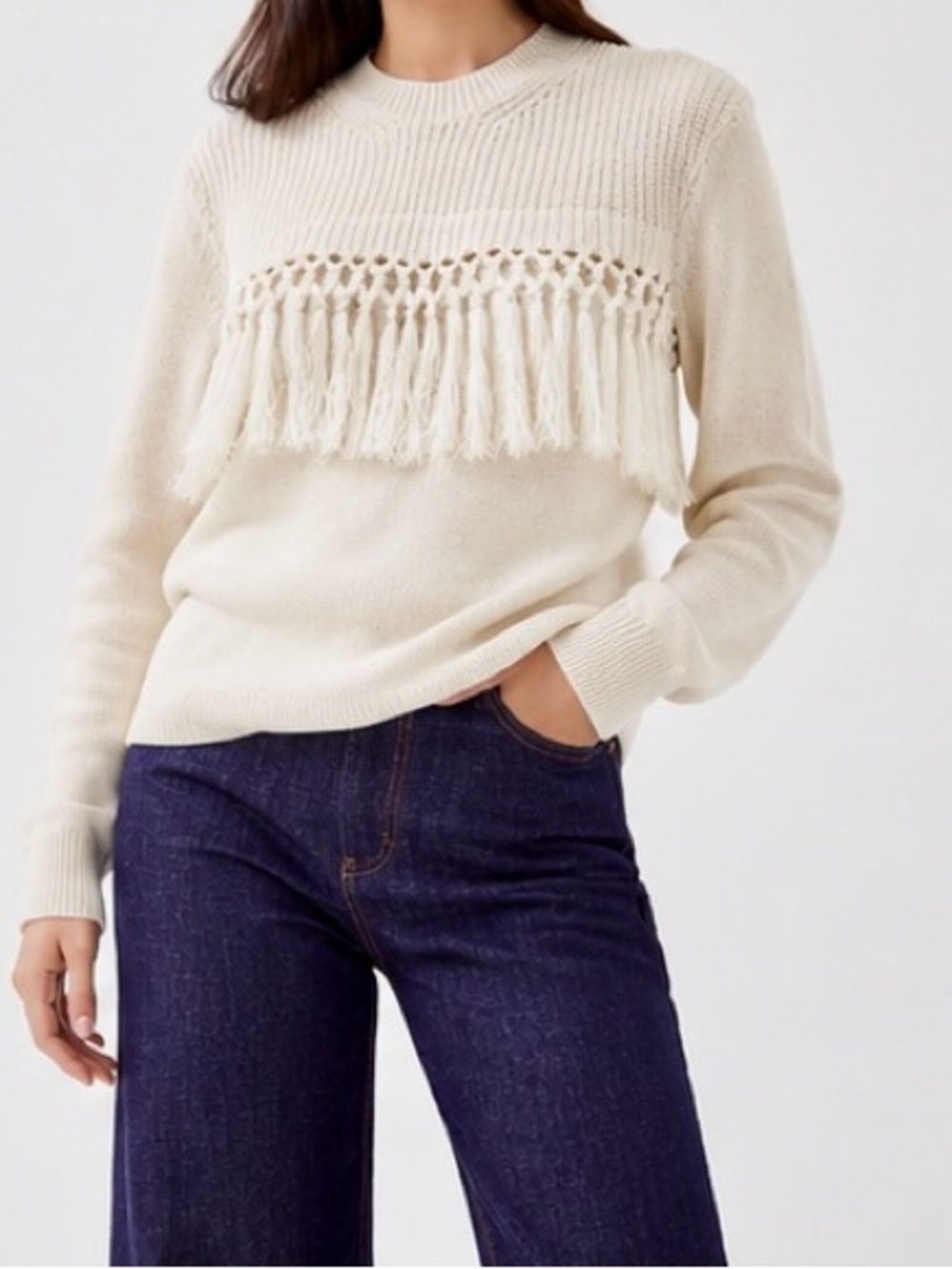 PEARL BY LELA ROSE Boho Cream Fringe Cotton Blend Crewneck Sweater
